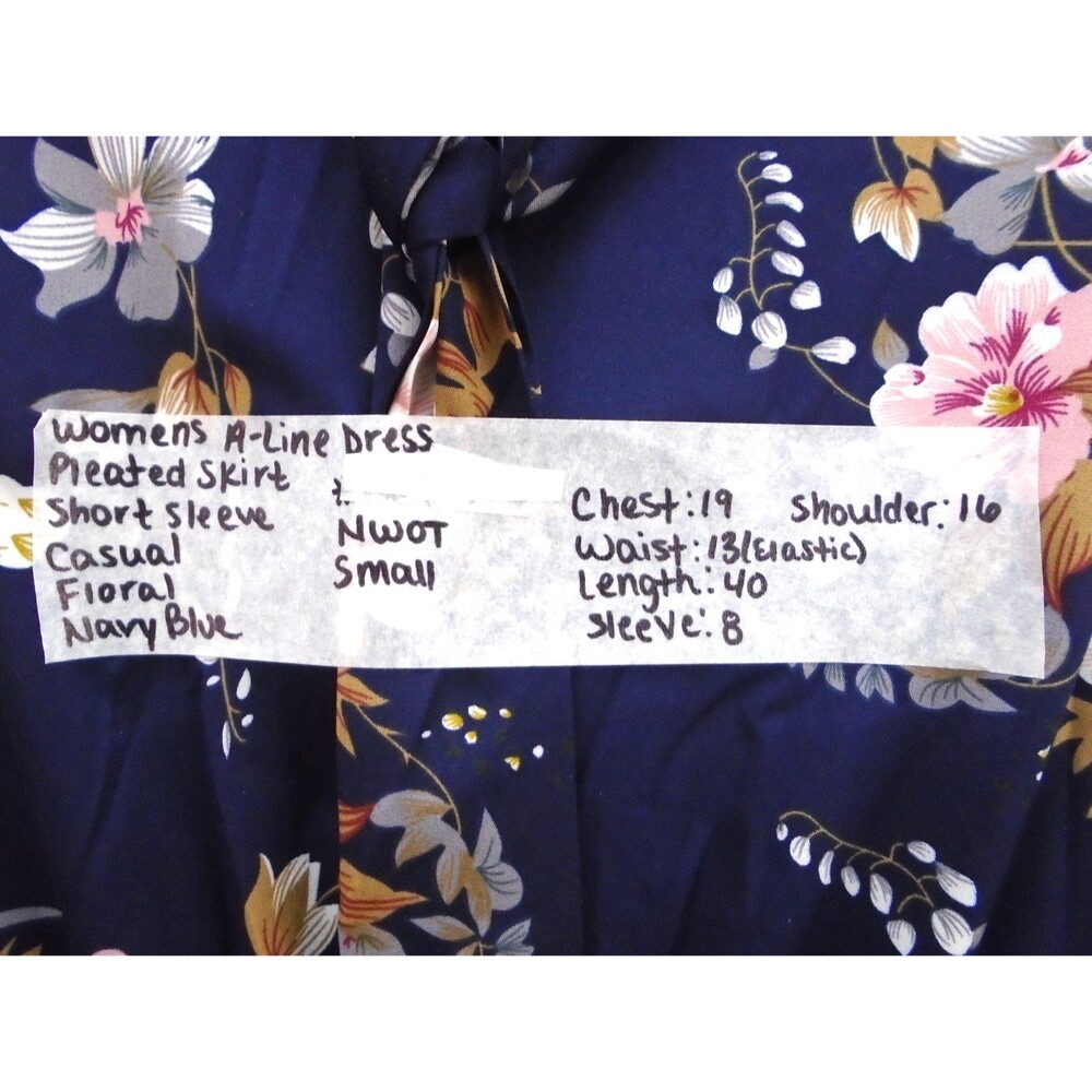 Women's Floral Print A-Line Dress Size S Short Sleeve Navy Blue With Belt - Picture 6 of 9